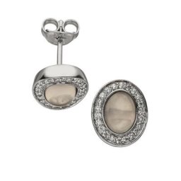 JOBO Paar Ohrstecker Ovale Ohrringe mit Rosenquarz und 44 Zirkonia, 925 Silber