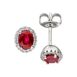 JOBO Paar Ohrstecker Ovale Ohrringe mit Rubin und 36 Diamanten, 585 Weißgold