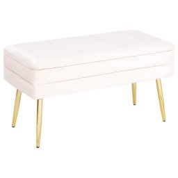 Bank Cremeweiß mit Stauraum aus Samtstoff mit Goldenen Metallbeinen in Glamour-Optik Wohnzimmer Schlafzimmer Rechteckig Modern