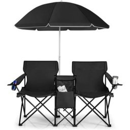 Campingstuhl mit Sonnenschirm, faltbar, mit Getränkehalter Kühltasche , Klappstuhl für Paare,