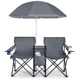 Campingstuhl mit Sonnenschirm, faltbar, mit Getränkehalter Kühltasche , Klappstuhl für Paare,