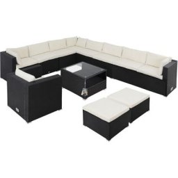Lounge Set Polyrattan xl 35-teilig 7cm Auflagen 15cm Rückenkissen 5mm Sicherheitsglas Tisch