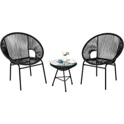 3 tlg. Sitzgruppe, Rattan Gartenmoebel aus 1 Tisch & 2 Stühlen, Lounge Set, Tischplatte aus Glas,