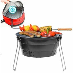 Faltbarer bbq Grill mit Kühltasche - ø 28cm Holzkohlegrill Campinggrill Klappbar - schwarz