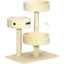 Kratzbaum für Katzen, 2 Katzenbetten, Katzenspielzeug und Kratzsäulen, 60 cm x 40 cm x 70 cm, Beige