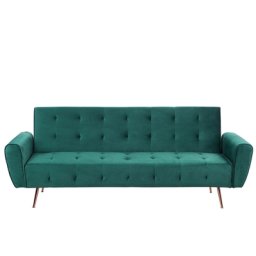Sofa Grün Samtstoff 3-Sitzer Schlaffunktion Retro Wohnzimmer