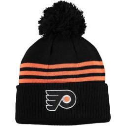 Herren adidas Philadelphia Flyers Locker Room Drei-Streifen-Strickmütze mit Bündchen und Bommel, schwarz