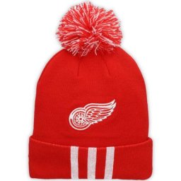 Herren adidas Red Detroit Red Wings Drei-Streifen-Strickmütze mit Bündchen und Bommel