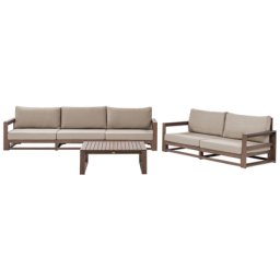 Lounge Set Dunkelbraun Akazienholz Auflagen Taupe 2-Sitzer und 3-Sitzer Sofa mit Couchtisch Retro Landhaus Stil Terrasse Outdoor