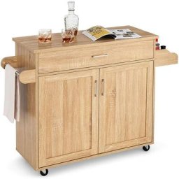 GOPLUS Servierwagen mit Schublade & Schrank, Rollbarer Küchenwagen, Beistellwagen mit Verstellbarer