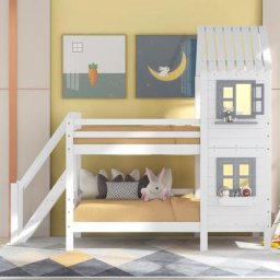 Etagenbett 90x200cm Kinderbett mit Leiter, Fallschutz und Lattenrost, Hochbett Stockbett Kiefer