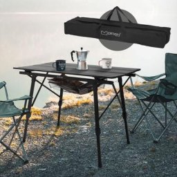 Campingtisch faltbar, 90x51,5 cm, Schwarz, aus Aluminium, Klapptisch höhenverstellbar 46-66,5 cm,