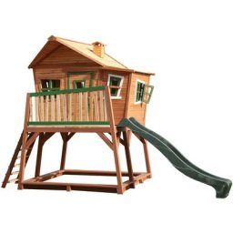 Spielhaus Max mit Sandkasten & grüner Rutsche Stelzenhaus in Braun & Grün aus fsc Holz für Kinder