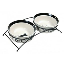 Trixie - Eat On Feet - Schalenset mit Ständer, Keramik, Farbe Weiß/Schwarz, 2 x 1,6 l, ø20 cm