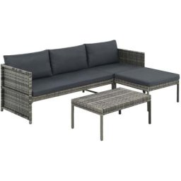 3-tlg. Gartenmöbel Set Sitzgruppe Essgruppe mit Auflagen Poly Rattan Grau DE50457 - Grau