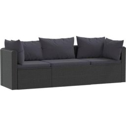 3-tlg. Garten-Sofagarnitur mit Auflagen Poly Rattan Schwarz Vidaxl Schwarz
