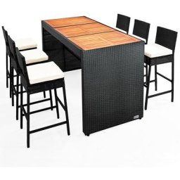 Polyrattan Gartenbar Set 185x80x110cm Akazie 7cm Sitzauflagen Outdoor Holz Wetterfest Theke Bar