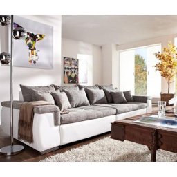 DELIFE Sofa Navin 275x116 cm Hellgrau Weiss Couch mit Kissen, Big Sofas