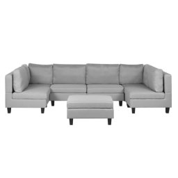 Sofa mit Ottomane Hellgrau Polsterbezug U-Förmig 6-Sitzer Modulsofa mit Schlaffunktion Wohnlandschaft Modern Wohnzimmer