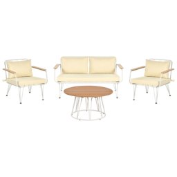 Lounge Set Weiß Stahl und Kunstholz 4-teilig für 4 Personen mit Auflagen Beige Stoff 2er Sofa 2 Sessel Couchtisch Outdoor Terrasse Garten
