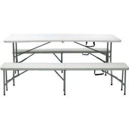 Set aus Tisch + 2 klappbaren und tragbaren Bänken Gardiun New Koln 180x74x74 cm aus weißem Kunstharz