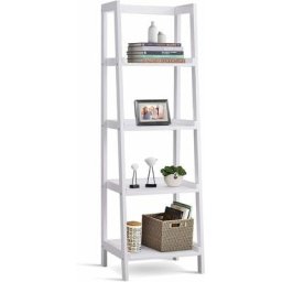 Standregal 4 Ablagen, Bücherregal weiss, Leiterregal aus Holz, Treppenregal für Wohnzimmer,