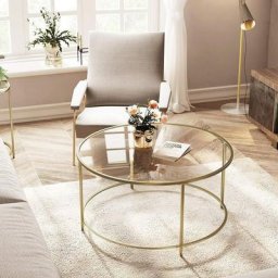 Couchtisch rund, Glastisch mit Stahlgestell, Wohnzimmertisch, Sofatisch, gehärtetes Glas, Gold