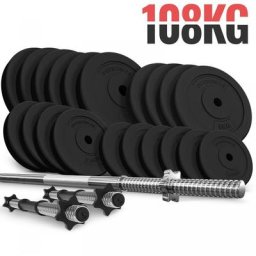 Hantelset - 108 kg Set, Langhantel (165 cm, ø 30 mm, Sternverschlüsse, bis 500 kg), 2 Kurzhanteln