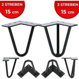 Hairpin Tischbeine - 4er Set, Metall, aus Stahl, 2 oder 3 Streben, Größenwahl, Schwarz - Haarnadel