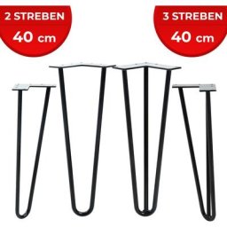 Hairpin Tischbeine - 4er Set, Metall, aus Stahl, 2 oder 3 Streben, Größenwahl, Schwarz - Haarnadel