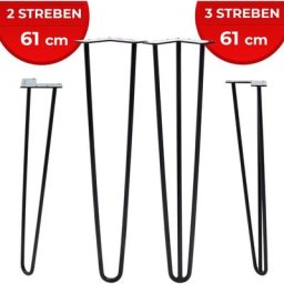Hairpin Tischbeine - 4er Set, Metall, aus Stahl, 2 oder 3 Streben, Größenwahl, Schwarz - Haarnadel