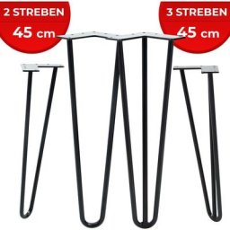 Hairpin Tischbeine - 4er Set, Metall, aus Stahl, 2 oder 3 Streben, Größenwahl, Schwarz - Haarnadel