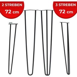 Hairpin Tischbeine - 4er Set, Metall, aus Stahl, 2 oder 3 Streben, Größenwahl, Schwarz - Haarnadel