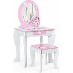 Kinder Schminktisch mit Hocker & abnehmbarem Spiegel & Schublade, Frisiertisch aus mdf Holz,