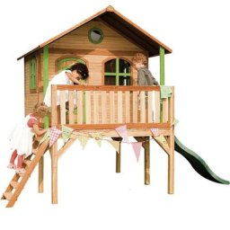 Spielhaus Sophie mit grüner Rutsche Stelzenhaus in Braun & Grün aus fsc Holz für Kinder Spielturm