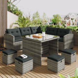 Gartenlounge-Set Polyrattan Lounge für 9 Personen, 5er Ecksofa, 1xTisch mit Glas, 4x Hocker mit
