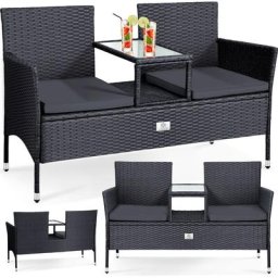 Polyrattan Gartenbank 2-Sitzer Bank mit integriertem inkl. Tisch & Kissen - 133 × 63 × 84 cm