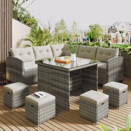 Gartenlounge-Set Polyrattan Lounge für 9 Personen, 5er Ecksofa, 1xTisch mit Glas, 4x Hocker mit