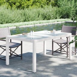 Bonnevie - Gartentisch Esstisch - Balkontisch 150x90x75 cm Gehärtetes Glas Poly Rattan Weiß