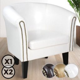 Chesterfield Sessel - aus Holz und Kunstleder, mit Kupfernieten, Weiß, 1er - Loungesessel,