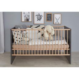 Babyzimmer Babybett Mats in grau matt mit Buche massiv Gitterbett 70 x 140 cm - Trendteam