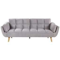 Schlafsofa 3-Sitzer Samtstoff Hellgrau Schlaffunktion Retro Design Zierkissen Wohnzimmer