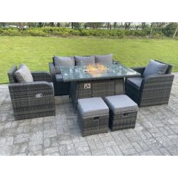 Fimous Dunkelgrau Gemischt Rattan Outdoor Gartenmöbel Gas Feuerstelle Brenner Tisch Sets Lounge