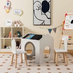 3 in 1 Kindertisch mit 2 Stühlen aus Holz, Kindermoebel Set, Kinder Tisch Stuhl Set,