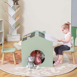 3 in 1 Kindertisch mit 2 Stühlen aus Holz, Kindermoebel Set, Kinder Tisch Stuhl Set,