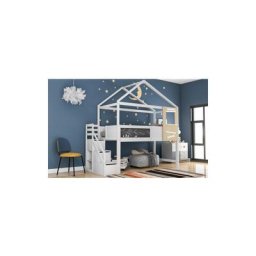 Kinderbett Hochbett 90x200cm Hausbett mit Treppe, Fenster, Tafel und 3 Schubladen, Massivholz