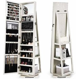 Drehbarer Schmuckschrank, Schmuckregal mit Ganzkoerperspiegel & Eingebautem Spiegel, Spiegelschrank