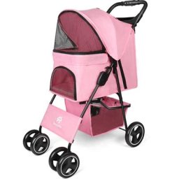 Pet Hundewagen, 4-Rad faltbarer Haustier Kinderwagen Mit Aufbewahrungskorb und Becherhalter,