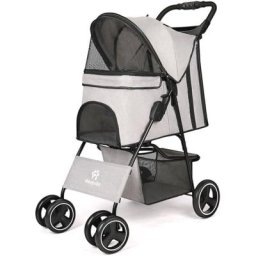 Pet Hundewagen, 4-Rad faltbarer Haustier Kinderwagen Mit Aufbewahrungskorb und Becherhalter,