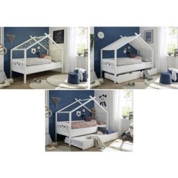 Hausbett Juletta mit Dach - Himmelvorrichtung 90*200 cm Kiefer massiv weiß